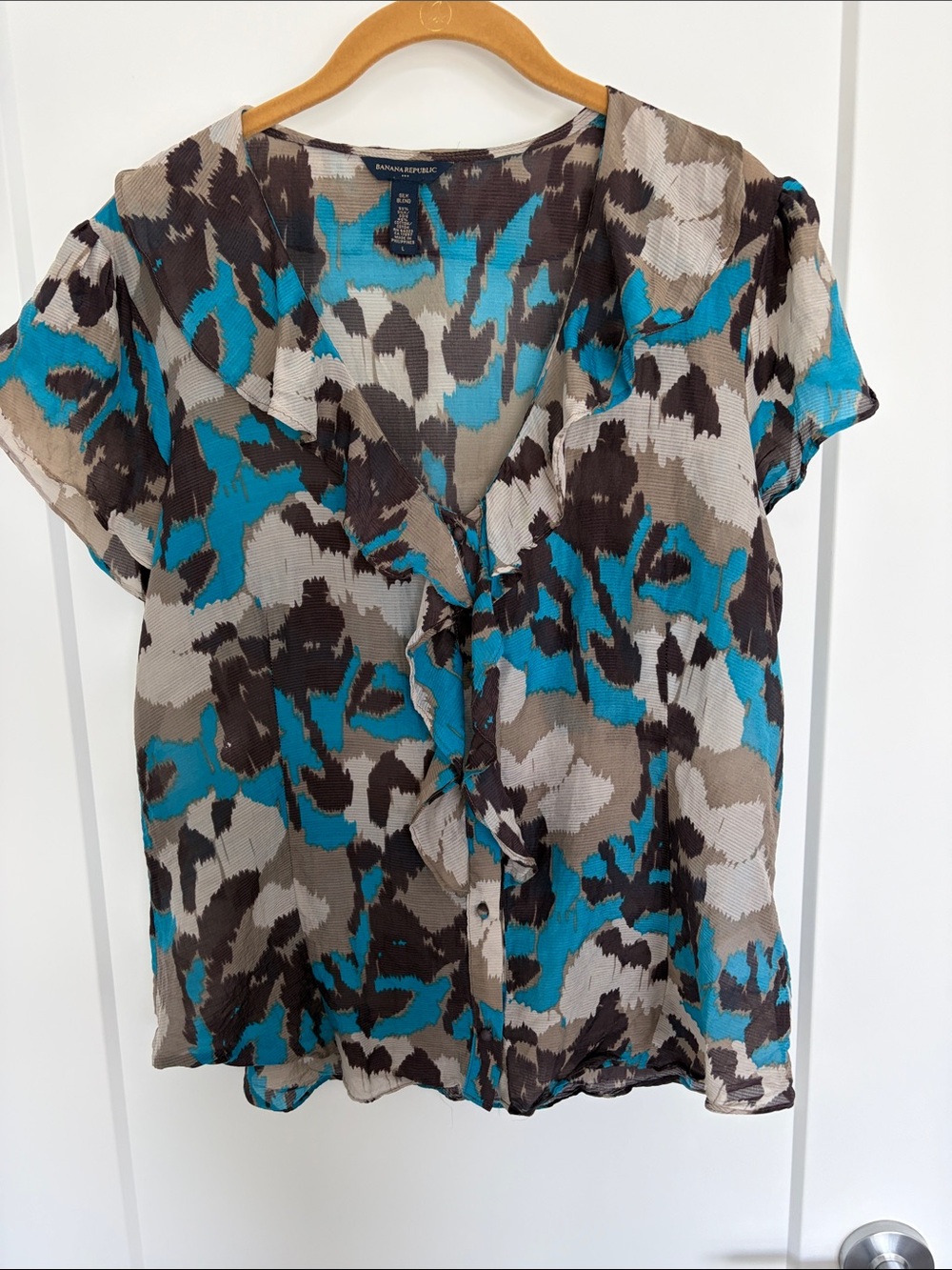 Banana Republic Blue, Brown & Cream Abstract Ruffle Blouse
